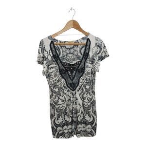 One World Women's Size Large Tunic Blouse White Black Lace Y2K Boho Medallion